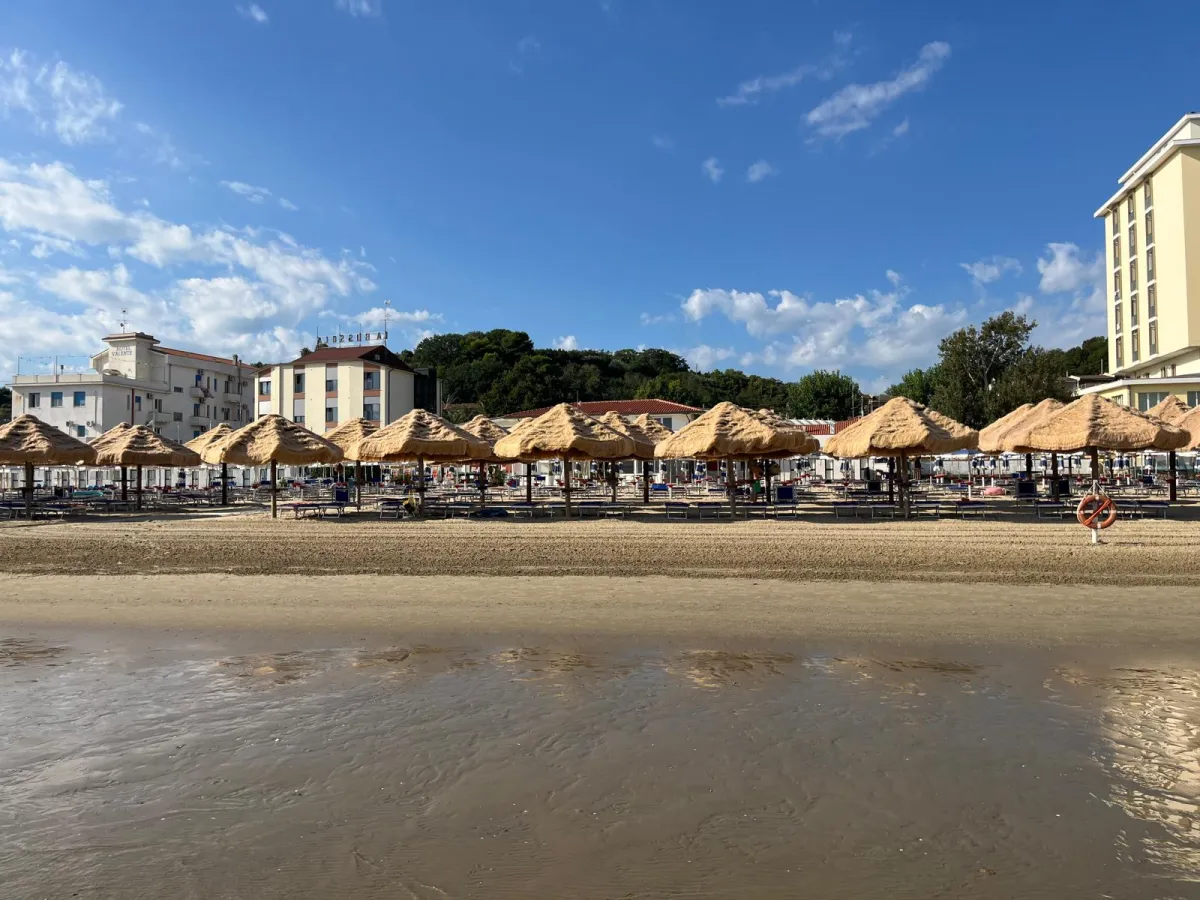 Vista dalla riva con palme, ombrelloni e edifici del lungomare